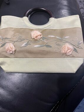 Della Q Cream & Beige Silk Floral Appliqué Tote with Wood Ring Handles